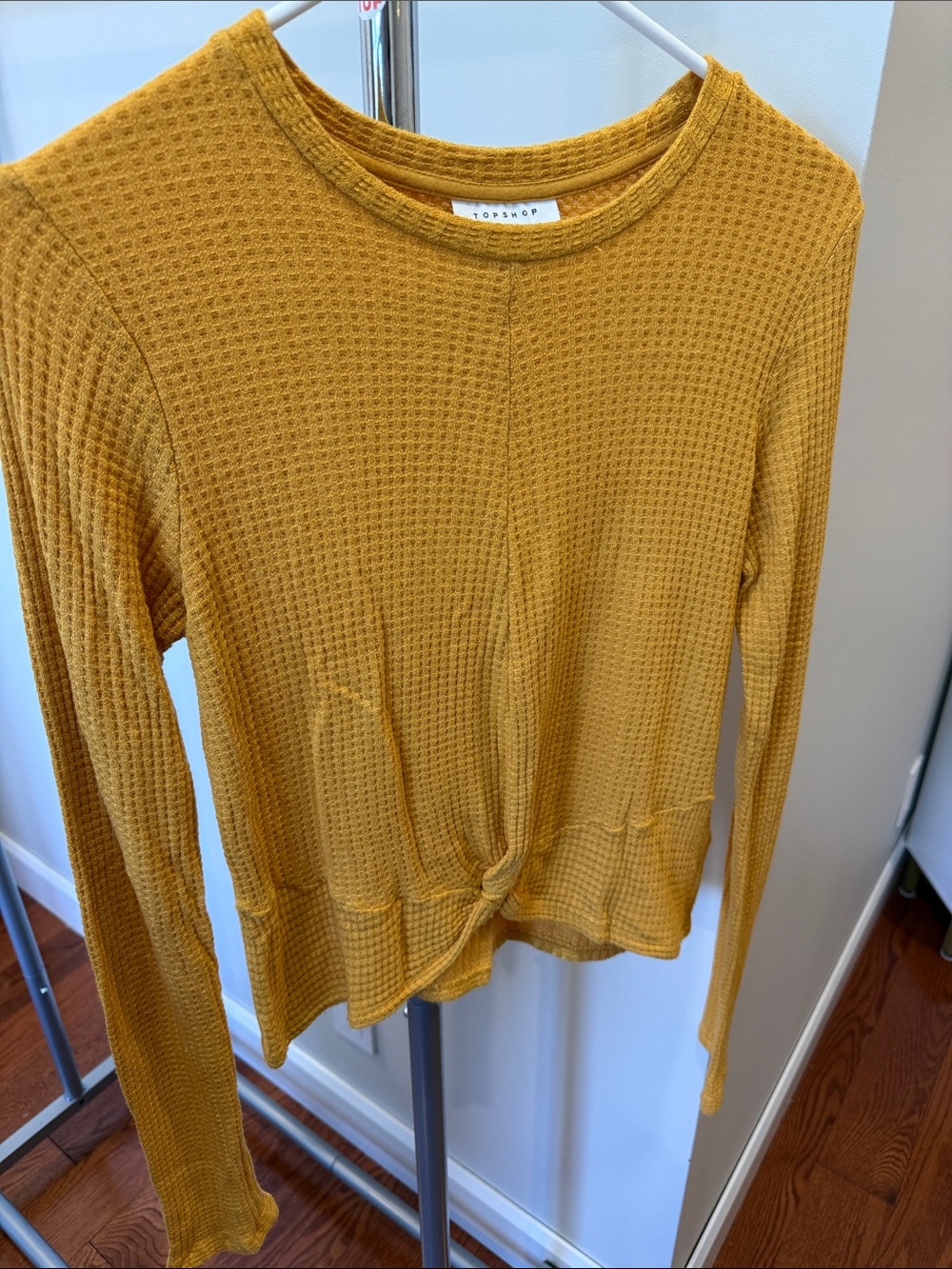 Topshop Mustard Waffle Knit Long Sleeve Top with Front Twist